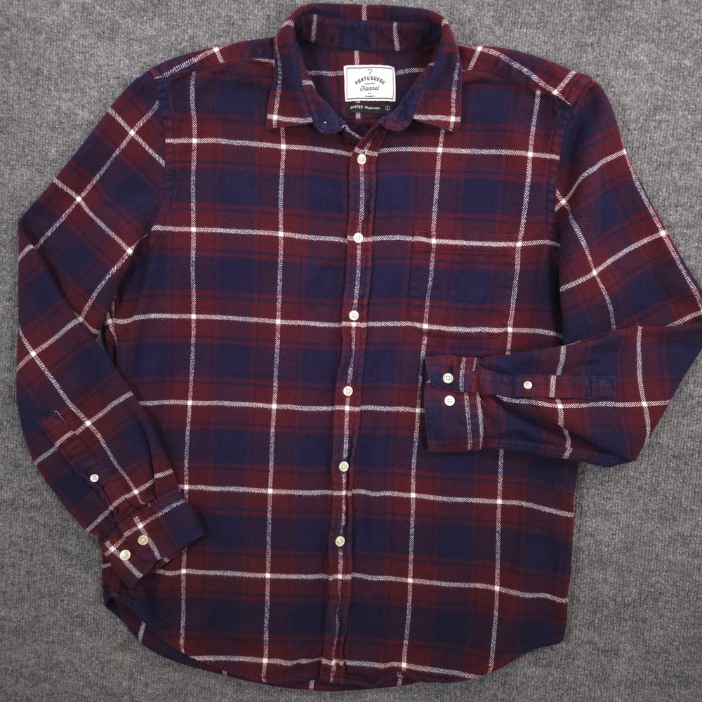 Portuguese Flannel Shirt Mens L Burgundy Navy Plaid Front Pocket Brushed Cotton